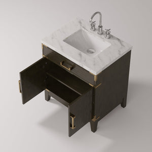 English Elm Brown Oak Single Bath Vanity With Carrara Marble Top, Chrome Faucet Set – Elegant Storage Solution! B2731P259758