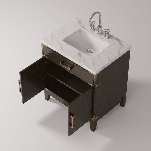 English Elm Brown Oak Single Bath Vanity With Carrara Marble Top, Chrome Faucet Set – Elegant Storage Solution! B2731P259758