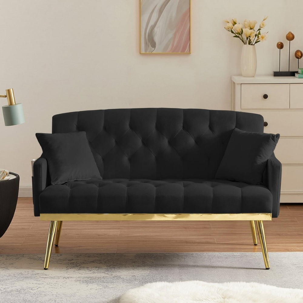 English Elm Black Tufted Velvet Compact Sofa with Glamorous Gold Legs for Stylish Living Spaces W3985P426914