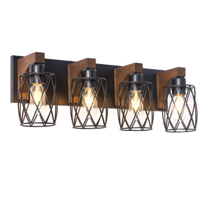 English Elm 4-light Industrial Farmhouse Vanity Bar Wood Backplate Matte Black Cage Bathroom Sconce T3963P458304
