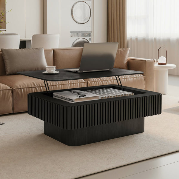 English Elm 38.6'' Fluted Lift-top Coffee Table with Hidden Storage Adjustable Modern Matte Surface Black W1435P293220