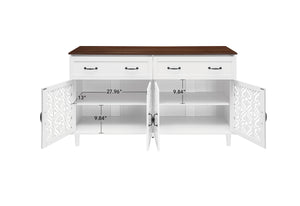 English Elm Vintage Farmhouse Sideboard with Hand-carved Doors Two-tone Distressed Wood Finish W688P360028