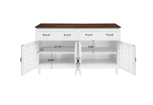 English Elm Vintage Farmhouse Sideboard with Hand-carved Doors Two-tone Distressed Wood Finish W688P360028