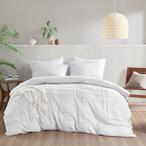 JLA Home Comfort Spaces - Soft Washed Pleated Duvet Cover Set with OEKO-TEX Soft Microfiber, Grid Pinch-Pleat, Button Closure, Breathable Comfort for Year-Round Use White AM12-0040
