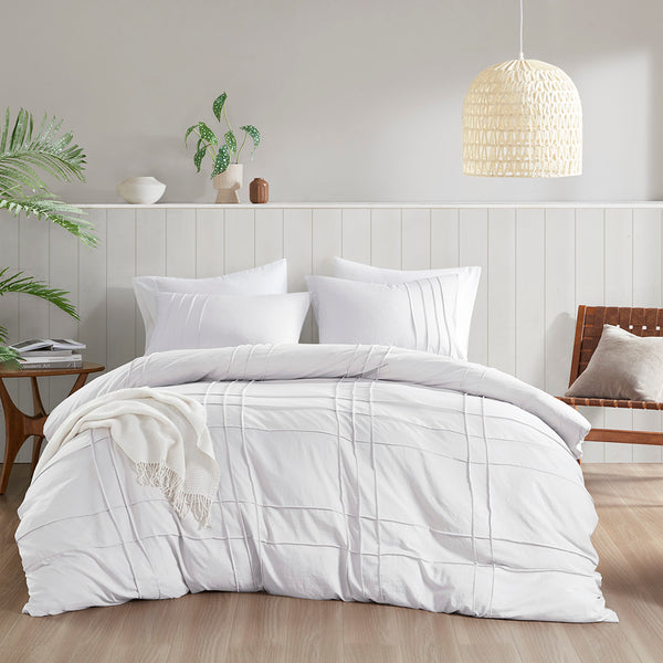 JLA Home Comfort Spaces - Soft Washed Pleated Duvet Cover Set with OEKO-TEX Soft Microfiber, Grid Pinch-Pleat, Button Closure, Breathable Comfort for Year-Round Use White AM12-0040