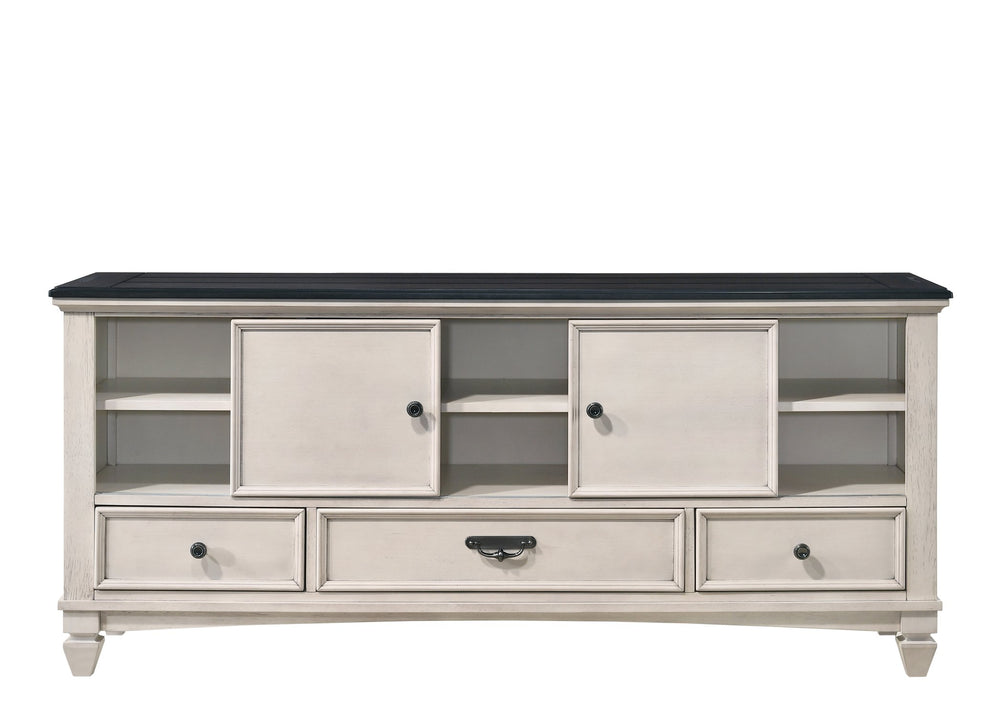 English Elm 1pc Two-Tone Antique Finish TV Stand 67.8" — 2 Sliding Doors, 3 Drawers, Vintage Metal Hardware, Elegant Storage B2741P295125