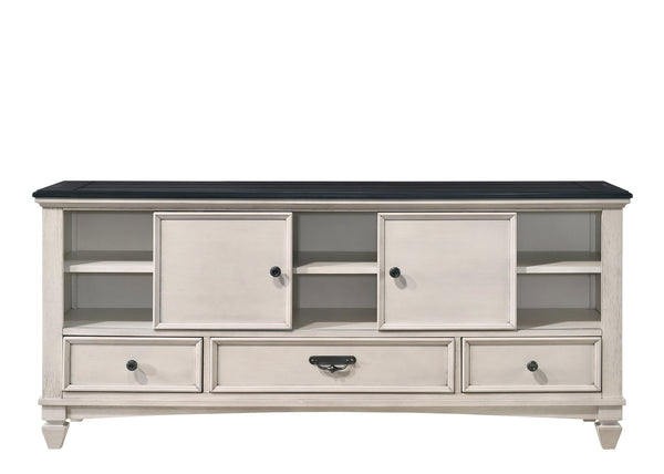 English Elm 1pc Two-Tone Antique Finish TV Stand 67.8" — 2 Sliding Doors, 3 Drawers, Vintage Metal Hardware, Elegant Storage B2741P295125