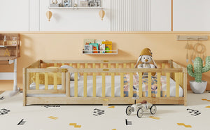 English Elm Twin Size Floor Bed With Safety Fence And Door – Eco-Friendly Rubber Wood, Low-Profile Design For Kids W504P286374-GIGA