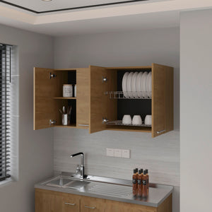 English Elm Lyman Wall Cabinet Kitchen Melamine 4-Door Natural Oak with Dish Organizer, Fixed Shelves, 47.2" W B128P287529