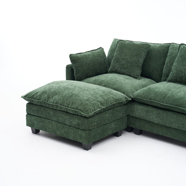 English Elm Beige Chenille Sectional Sofa with Modular Ottoman for Living Room or Studio Dark Green W2603S00004