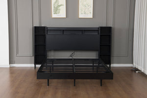 English Elm King Platform Bed with Led Lighting Storage Headboard and Usb Charging Metal Frame W1670S00038