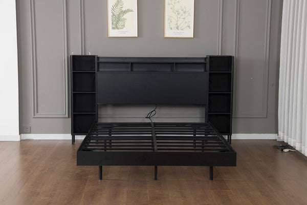 English Elm King Platform Bed with Led Lighting Storage Headboard and Usb Charging Metal Frame W1670S00038