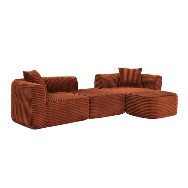 English Elm 114" Cloud Sectional Couch with L-Shape Chaise Modular Corduroy Sofa with Movable Ottoman, No Assembly Required, Plush Comfort for Living Spaces Orange W1117P371653