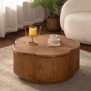 English Elm Flower-shaped Rattan Coffee Table Boho Woven Design with Hidden Lift Top Storage W3081P464745