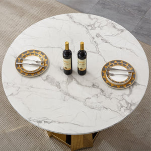English Elm 47" Round Marble Dining Table - Modern High-Gloss Faux Marble Top & Stainless Steel Base For Chic Dining W3456S00036
