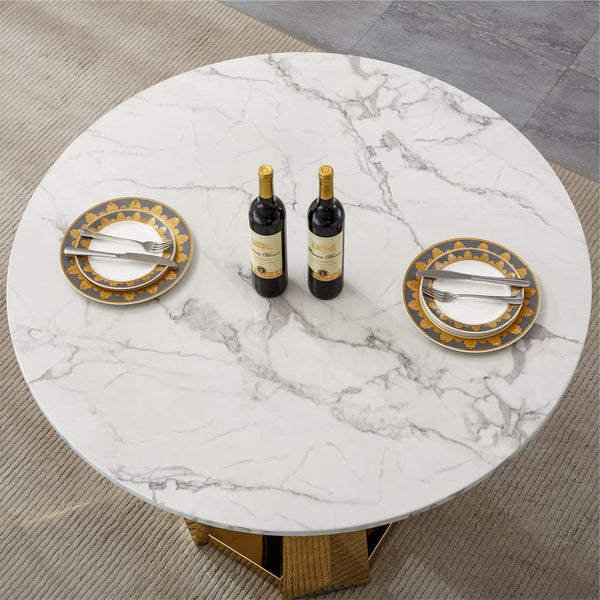 English Elm 47" Round Marble Dining Table - Modern High-Gloss Faux Marble Top & Stainless Steel Base For Chic Dining W3456S00036