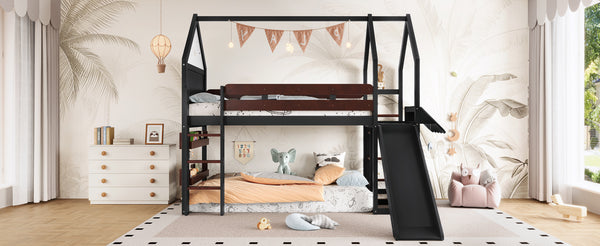 English Elm Full Size Pine Loft Bed House Frame with Slide Bookshelves and Moon Star Rails W1580S00311