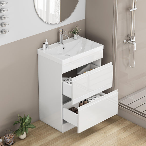 English Elm 24-Inch Bathroom Vanity With Unique Thick Ceramic Basin & Soft-Close Drawers For Modern Spaces W3151S00058
