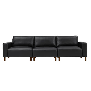 English Elm 112" Mid-century Faux Leather Three-seat Sofa with Rubberwood Legs for Living Room Black W1097S00255