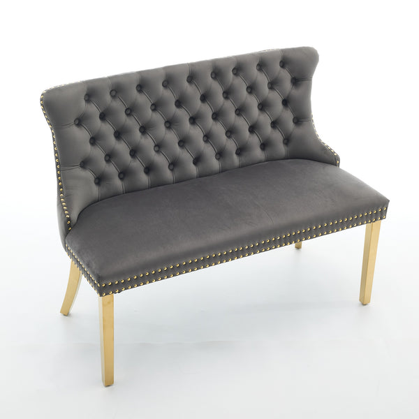 English Elm Velvet Wingback Dining Bench Tufted Two Seat Mid Century Modern Brushed Steel Base Gray W1143P406978