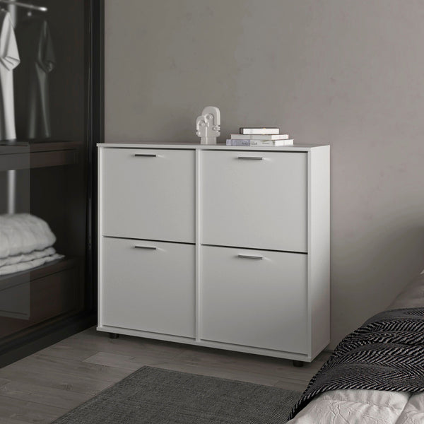 English Elm White 4-Door Tilt-Out Shoe Cabinet with Metal Hardware, Plastic Legs, Concealed Storage & Modern Charm B062P323161