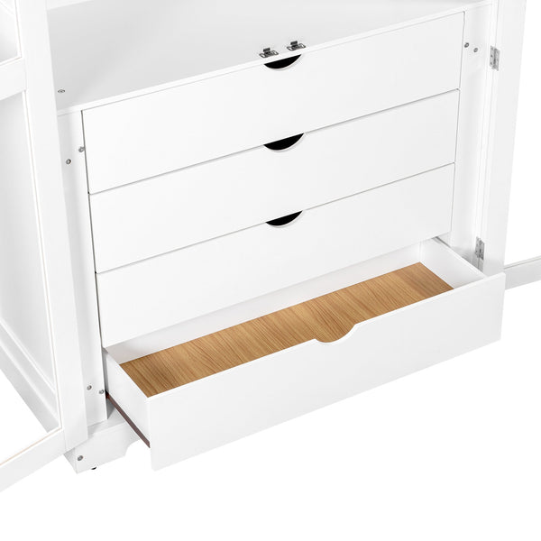 English Elm Topmax Solid Pine Pantry Cabinet with Glass Doors Four Drawers Farmhouse Storage White SP000086AAK