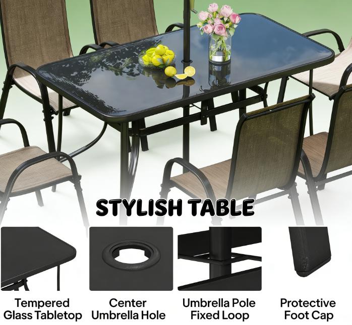English Elm Modern Outdoor Dining Set 8 Piece Aluminum Mesh Chairs Glass Table with Umbrella T3971S00150