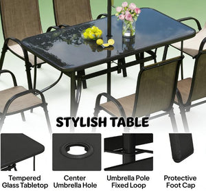 English Elm Modern Outdoor Dining Set 8 Piece Aluminum Mesh Chairs Glass Table with Umbrella T3971S00150