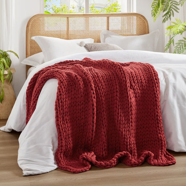 JLA Home Madison Park - Hand Made Throw Blanket: Ultra-Soft Double-Knit Acrylic Throw with Modern Boho Style, OEKO-TEX Safe Cozy Gift Red MP50-8216