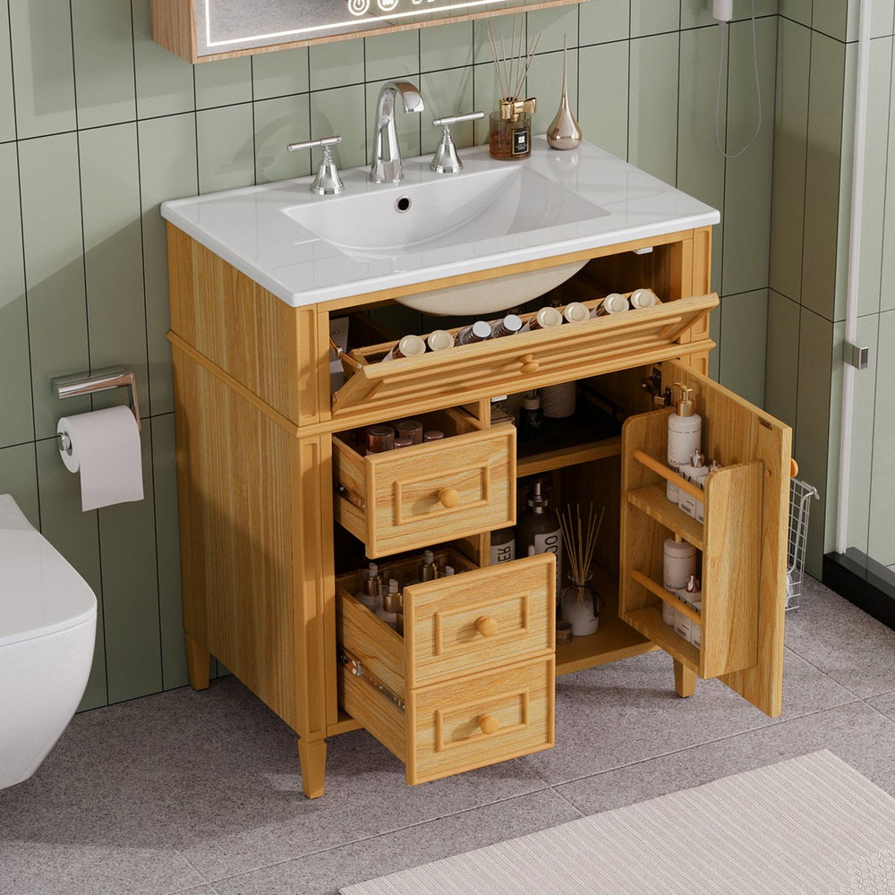 English Elm 30" Pine Wood Bathroom Vanity with Ceramic Sink Soft Close Drawers and Vintage Knobs N725P375498N