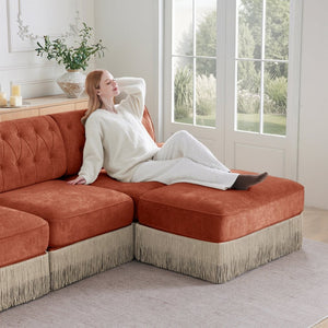 English Elm 3-seater Velvet Modular Sectional with Button Tufting Tassel Skirt and Wooden Base Red+Brown W714S01723