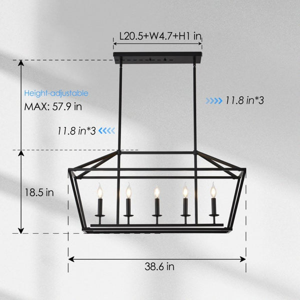 English Elm 5-light Industrial Farmhouse Chandelier Matte Black Metal Linear Pendant for Kitchen Island W5008P465021