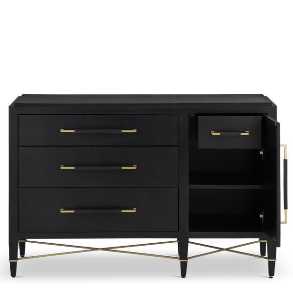Verona Black Three-Drawer Chest - Elegant Lacquered Linen Design with Champagne Metal Accents