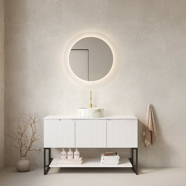 English Elm 48" Freestanding Bathroom Vanity Cabinet Sintered Stone Top Woodgrain Finish Open Shelf W2615S00662