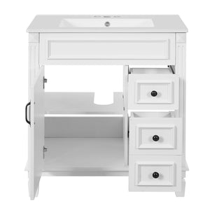 English Elm 30" French-Inspired Bathroom Vanity With Ceramic Sink, 2 Soft-Close Drawers & Adjustable Shelf Storage N710P323323K