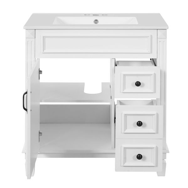 English Elm 30" French-Inspired Bathroom Vanity With Ceramic Sink, 2 Soft-Close Drawers & Adjustable Shelf Storage N710P323323K