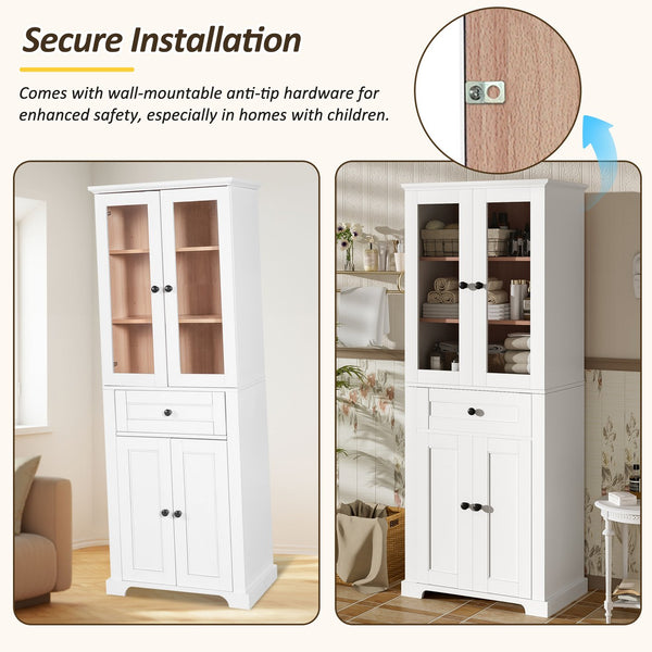 English Elm 67.2" Tall Bathroom Storage Cabinet with Tempered Glass Doors, Adjustable Shelves, Soft-Close Hinges and Anti-Tip Safety White N729P310006K