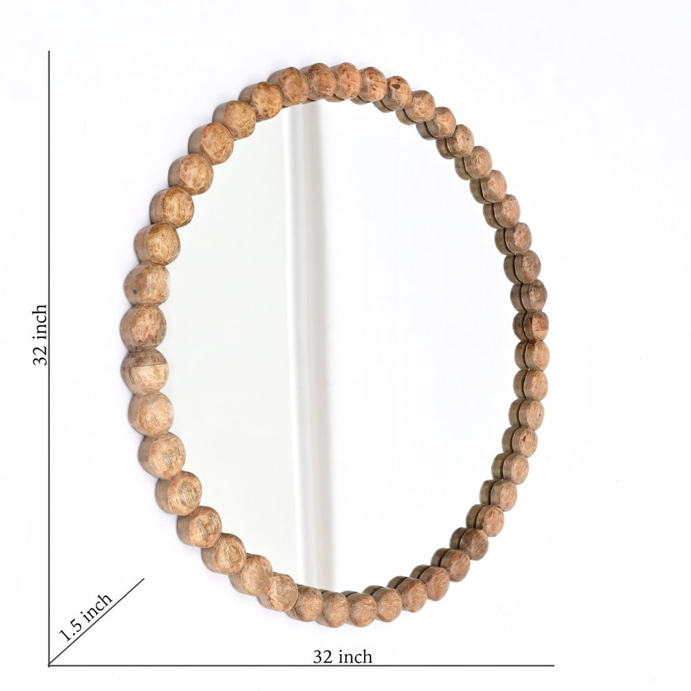English Elm Decorative Mango Wood Bead Frame Round Wall Mirror Bohemian Organic Accent 32 Inch B346P353979