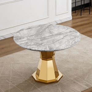English Elm 47" Round Marble Dining Table - Luxurious Faux Marble Top & Gold Stainless Steel Base For Modern Homes W3456S00006