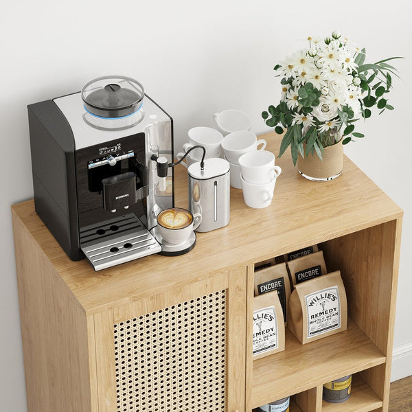 English Elm Rattan Cane Front Sideboard with Drawers Adjustable Shelf Bohemian Storage Cabinet Natural T3623P434759