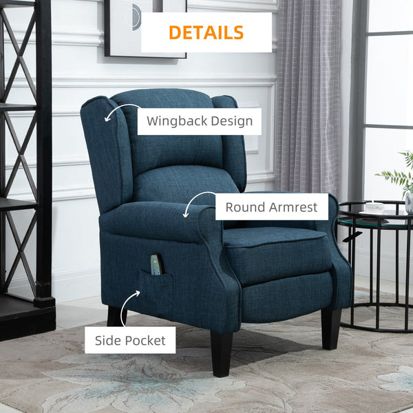English Elm HOMCOM Linen Massage Recliner Sofa with Heat & Remote, Pocket Spring Comfort, 140° Recline Blue W2225P173854