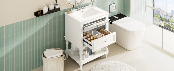 English Elm 24'' Retro Bathroom Vanity Mdf Cabinet with Ceramic Sink Open Shelf and 2 Drawers White N710P405414K