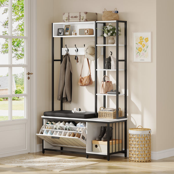 English Elm Hall Tree Entryway Organizer with Cushioned Bench Shoe Cabinet and Coat Hooks White+Black T5618P448216