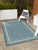 Unique Loom Outdoor Border Soft Border Machine Made Border Rug Teal, Ivory/Gray 7' 1" x 10' 0"