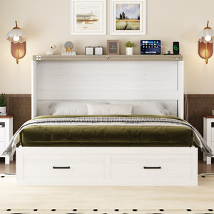 English Elm Queen Murphy Cabinet Bed Farmhouse White Foldable Platform with Storage and Charging N733S237837W