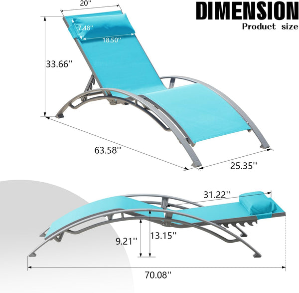 English Elm Pool Lounge Chairs Set of 2 Aluminum Frame Textilene Chaise with 5 Recline Positions & Neck Pillow Lake Blue W1859P321484