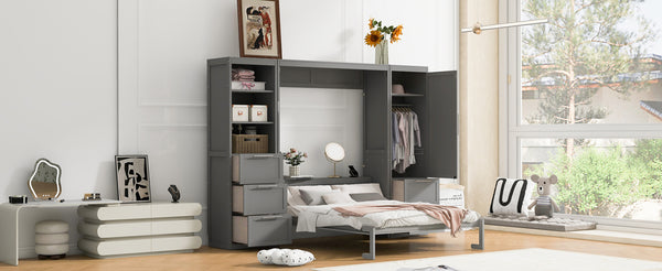 English Elm Queen Murphy Wall Bed with Wardrobe Drawers and Shelves for Studio or Guest Room Gray LP000865AAE-1