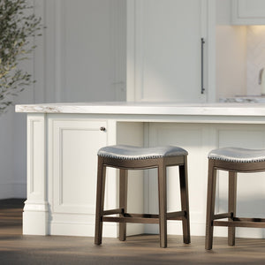English Elm 26in. Counter Height Hardwood Barstool Nailhead Faux Leather Seat Kitchen Dining Gray B2751P436412