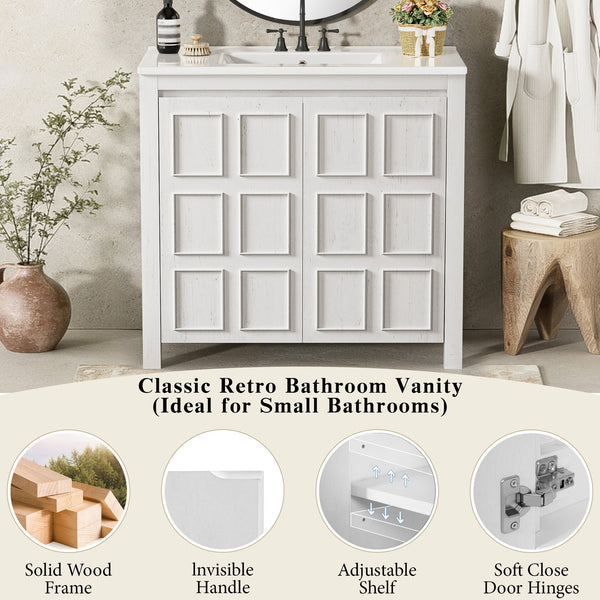 English Elm 36" Bathroom Vanity Organizer with Ceramic Sink, Solid Wood Distressed Finish, Hand-Painted Charm and Ample Storage Antique White N729P255666K