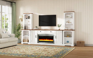 English Elm 3-piece Farmhouse Entertainment Center with Curved Cabinets Walnut Mdf Modular Living Room White N721S000072K